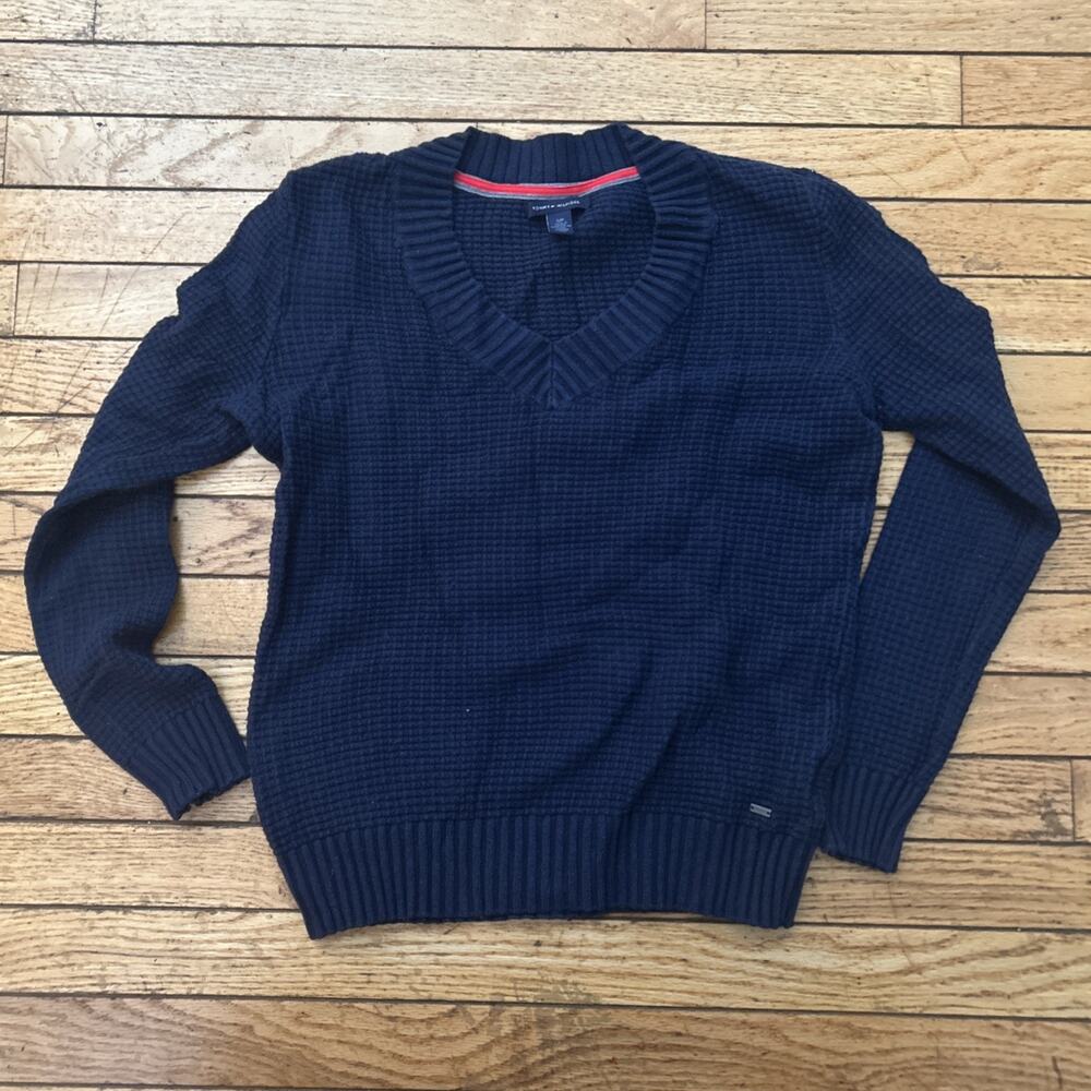 Tommy Hilfiger Woman Navy Blue Pullover Long Sleeve V Neck Knit Sweater Size S